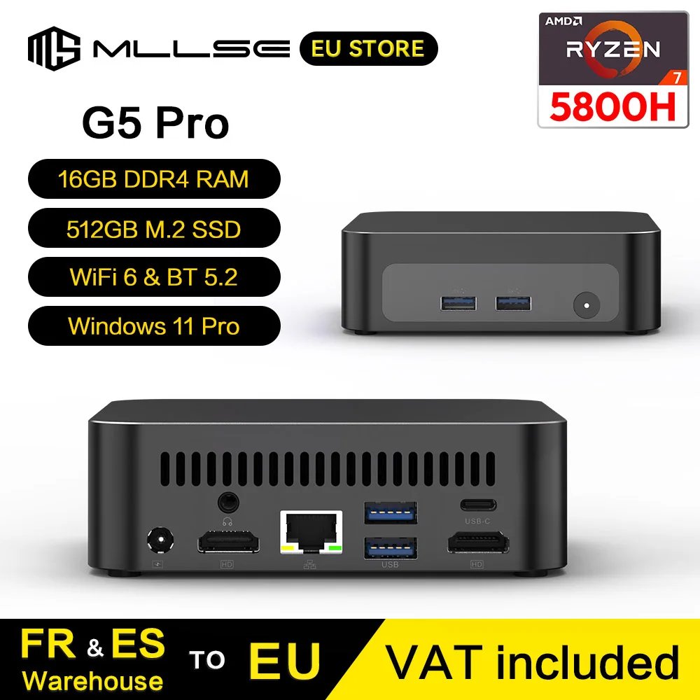 Mini PC MLLSE G5 Pro con Ryzen 7 5800H, 16 GB RAM y 512 GB SSD a 221,95€