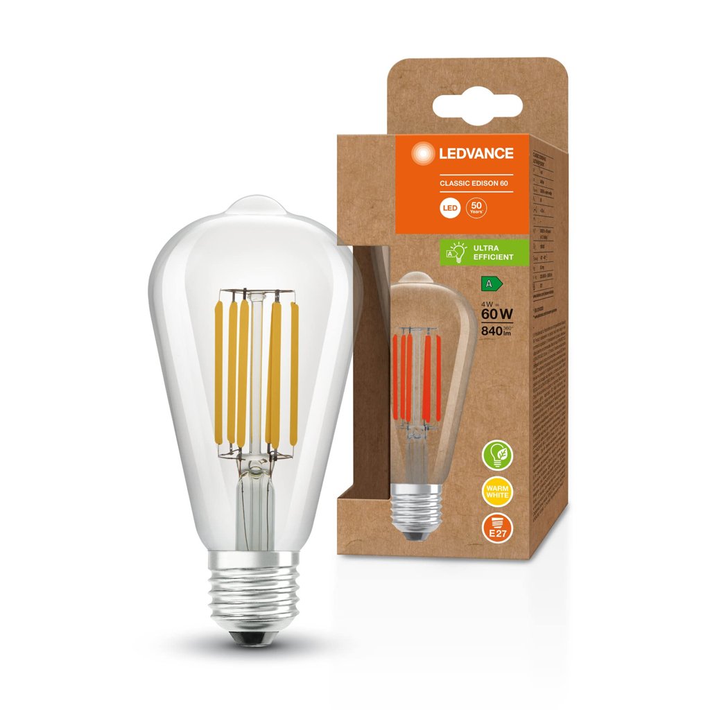 Pack de 6 bombillas LEDVANCE filamento Edison 4W, luz cálida