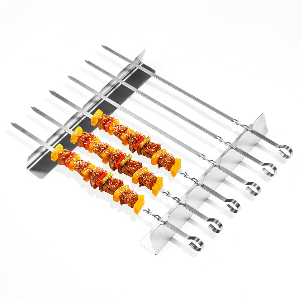 Set de 6 brochetas de acero inoxidable con soporte y bolsa para barbacoa