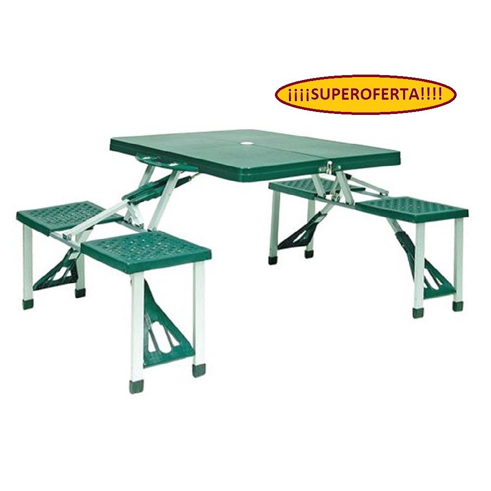 Mesa plegable Hosa Picnic verde con 4 taburetes – perfecta para exteriores