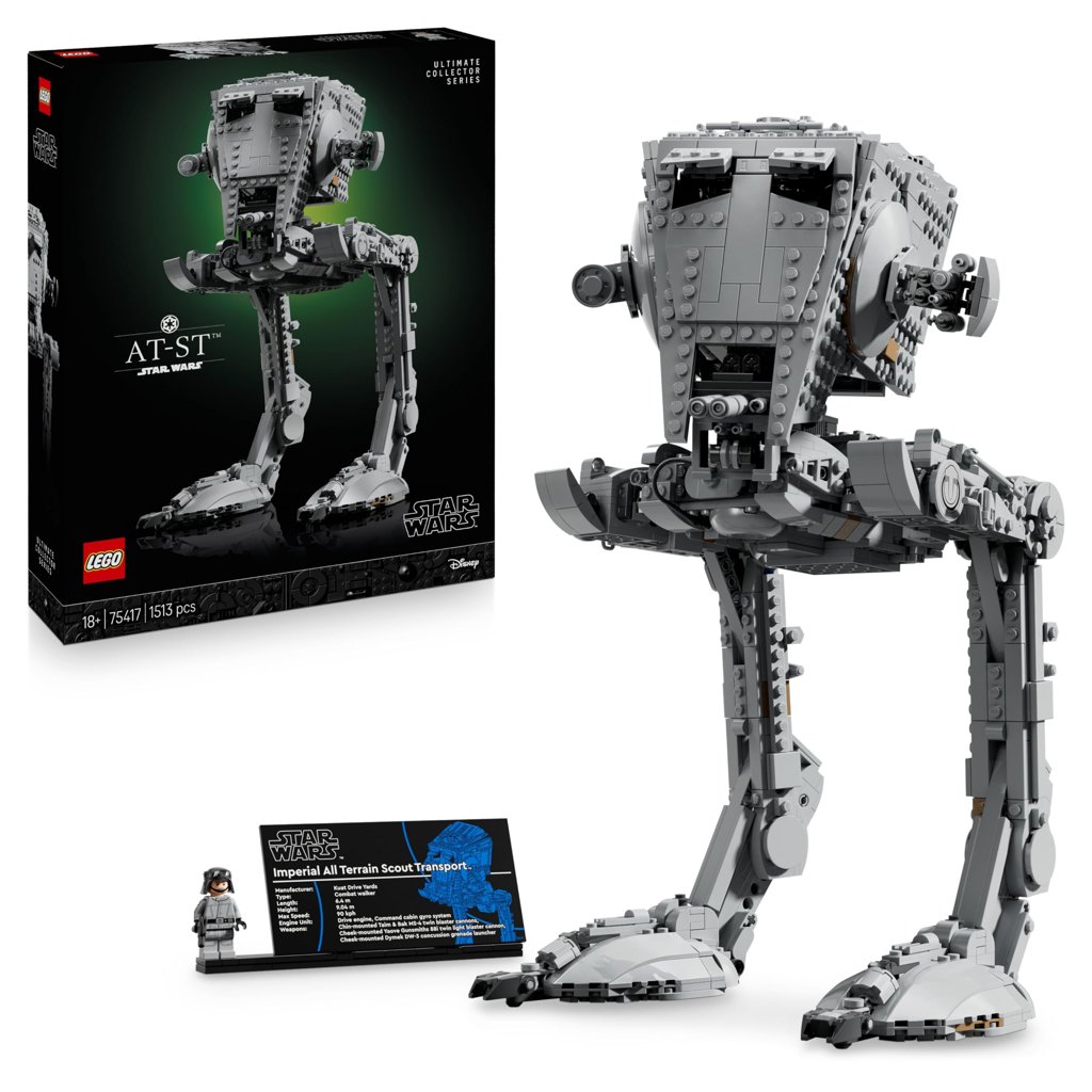 Set LEGO Star Wars Caminante AT-ST 75417 (Edición UCS para adultos, patas articuladas, placa informativa, mini