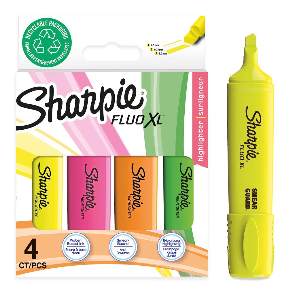 Pack de 4 subrayadores fluorescentes Sharpie XL con punta biselada