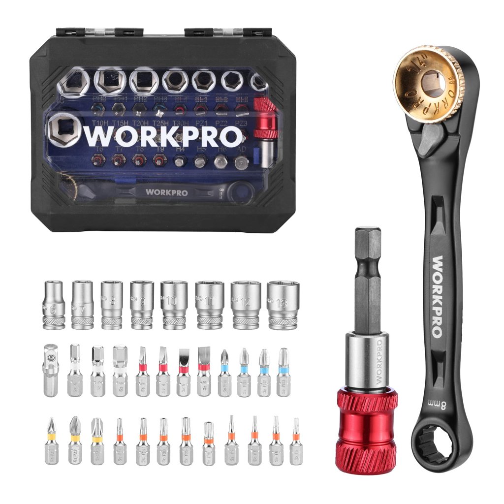 Set de llaves de vaso WORKPRO 1/4" 34 piezas con adaptador