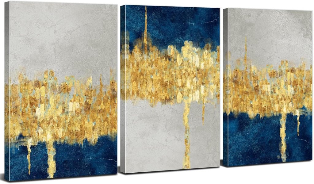 Set de 3 cuadros abstractos azul y dorado – toque chic para tu salón