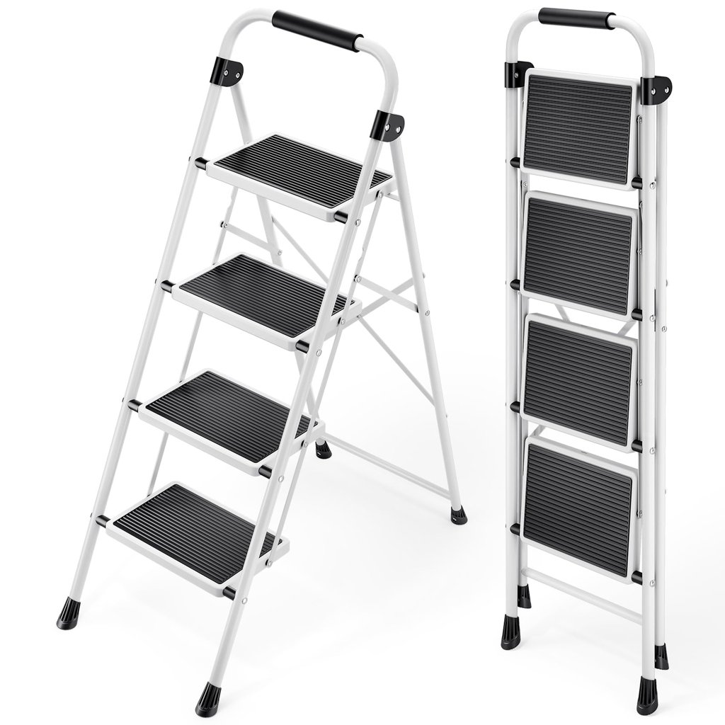 Escalera plegable de 4 peldaños con barandilla y antideslizante