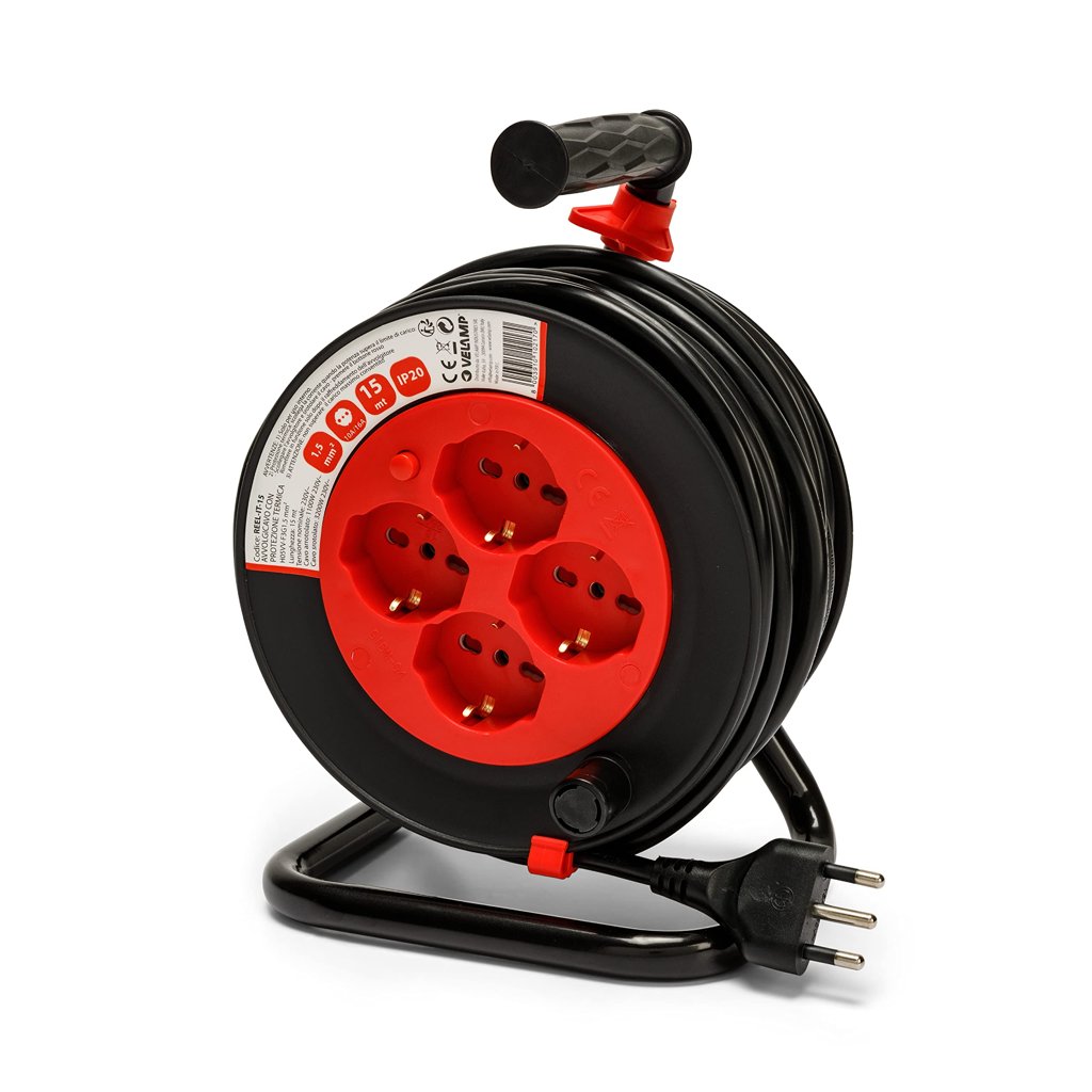 Alargador con carrete de 15 m y 4 tomas multiuso – VELAMP REEL‑IT‑15