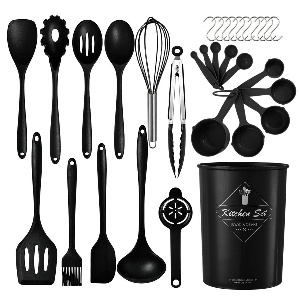 Set de 32 utensilios de silicona con mangos de acero inoxidable – sin BPA