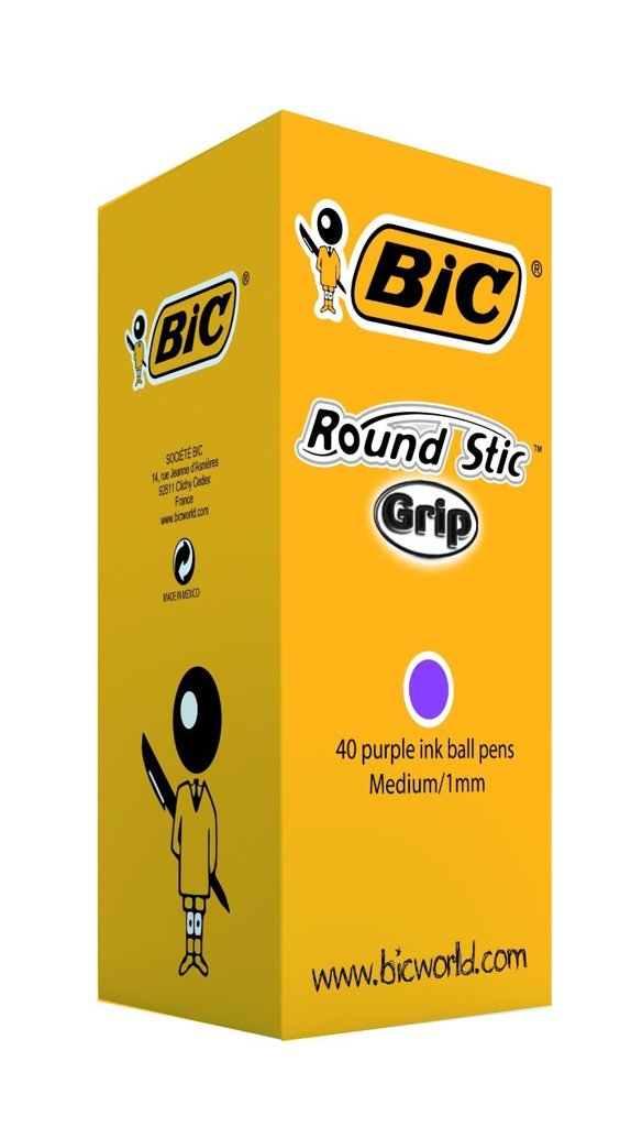 Pack de 40 bolígrafos Bic Round Stic Grip en púrpura – trazo ultra fino