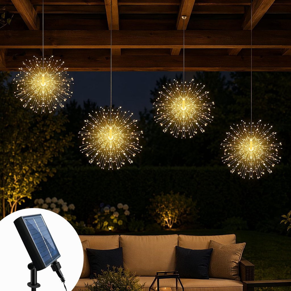 Luces Solares LED Exterior Jardin, Guirnalda Luces Exterior Tipo Fuegos Artificiales Blanco Cálido, 4 Colgante