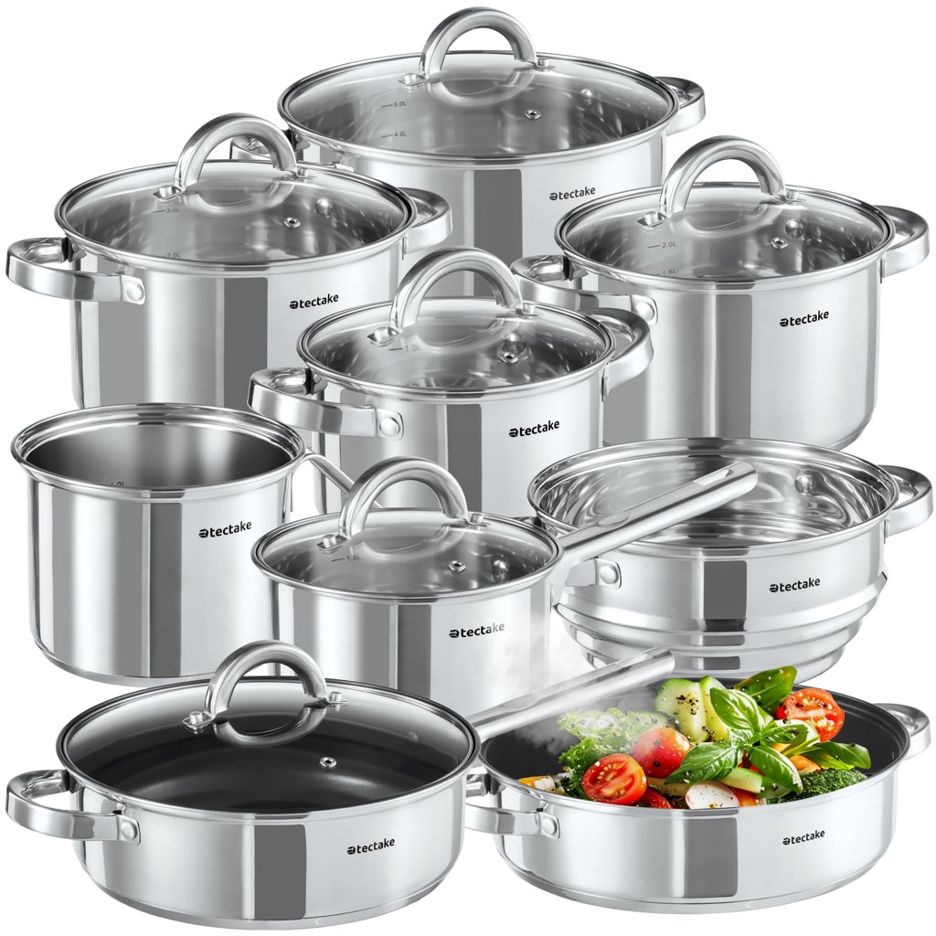 tectake Batería de Cocina, 15 Piezas, Juego de Ollas y Sartenes con Tapas, Acero Inoxidable, Antiadherente