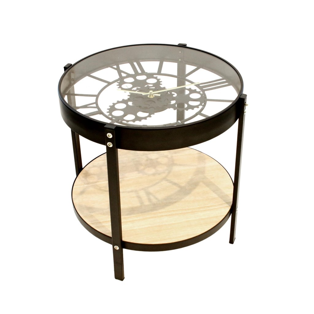 Mesa auxiliar redonda con cristal y metal, 39 cm, elegante y compacta