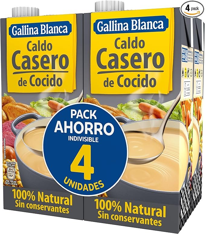 X2. ( Total 8 unidades) Gallina Blanca Caldo Casero de Cocido 100% Natural, 1L (Paquete de 4) Sin conservantes