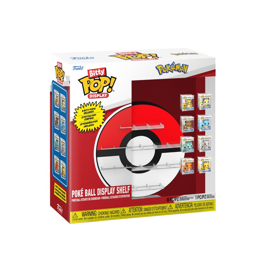 Expositor Funko Bitty Pop! con 8 Pokémon y su estantería temática