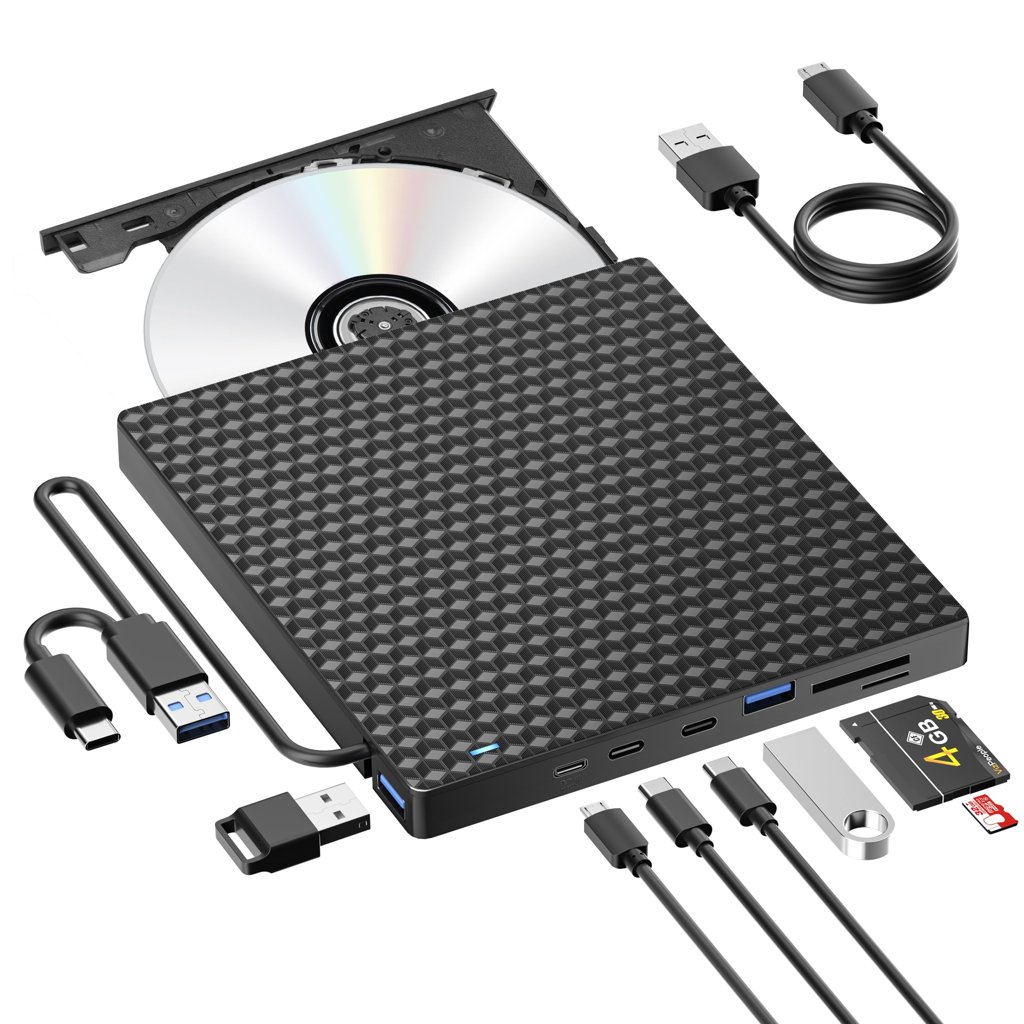 Lector/grabador CD‑DVD 8‑en‑1 con hub USB y lector de tarjetas – Plug & Play
