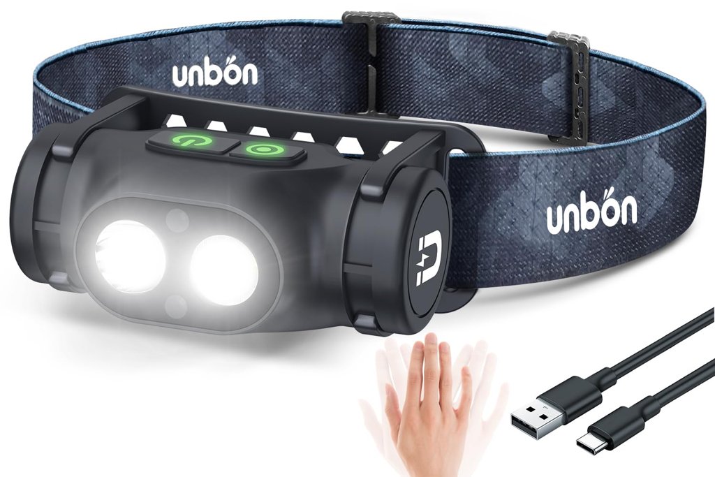 Linterna frontal LED recargable USB‑C con sensor y base magnética