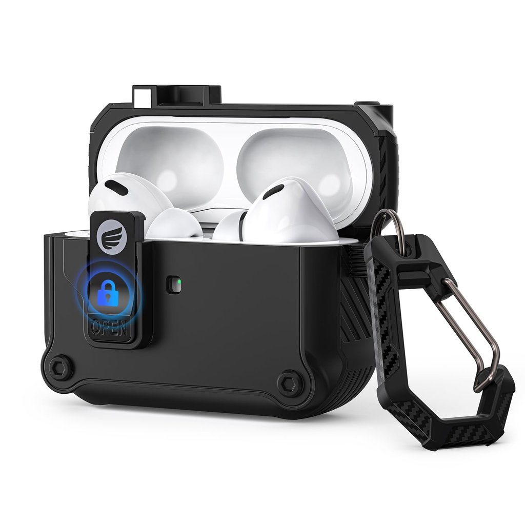 Funda ORICO AirPods Pro 2/1: Antichoque, Apertura instantánea a un botón, Cierre magnético, Negra con mosquetó