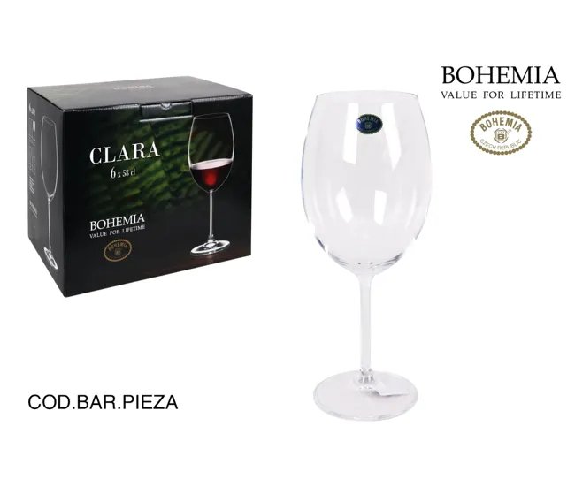 Set de 6 copas de vino CLARA, cristal Bohemia, elegante y práctico