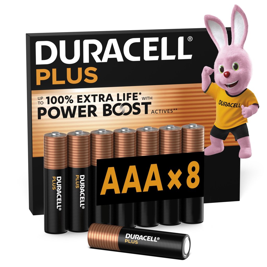 Pilas Duracell Plus AAA Pack de 8 (1.5V, LR03, Power Boost Actives, hasta 100% extra duración, mandos y cámara