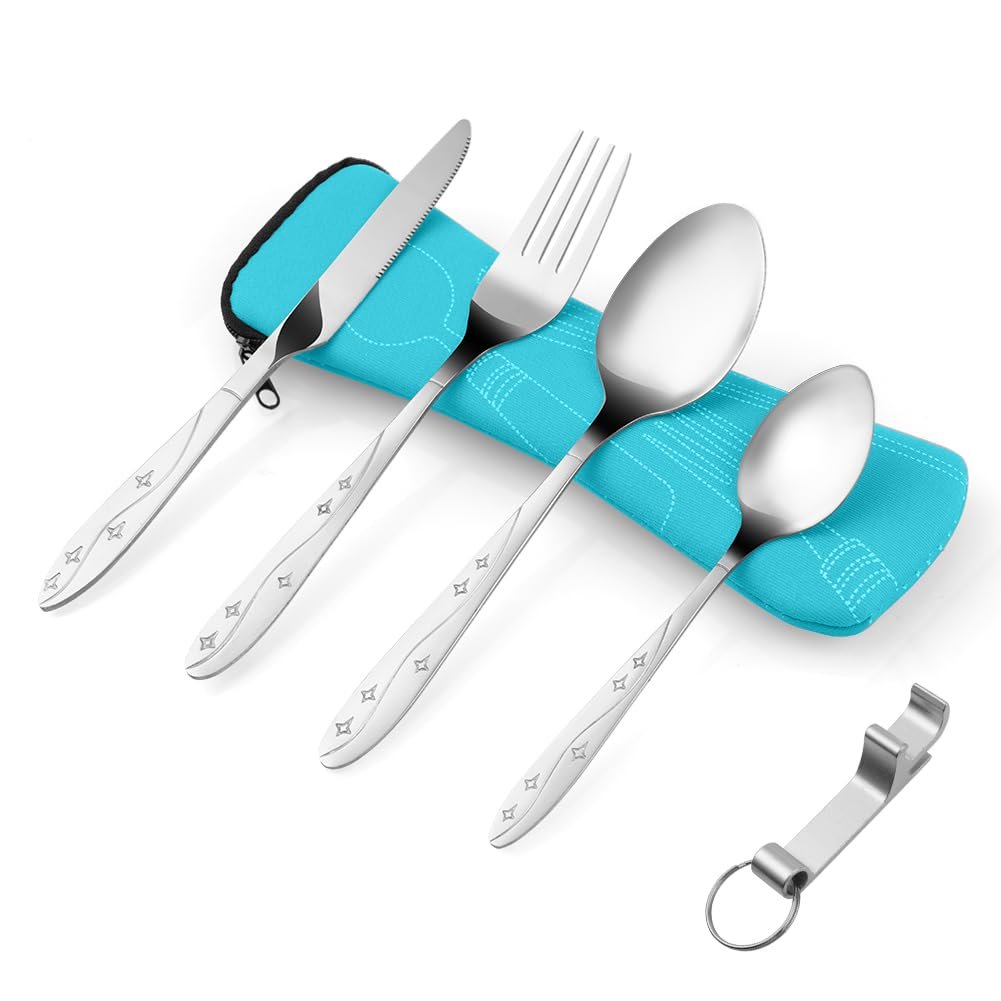Vicloon 6PCS Cubiertos para Llevar de Camping de Acero Inoxidable, Juego de Trabajo para Exteriores Viajes, az
