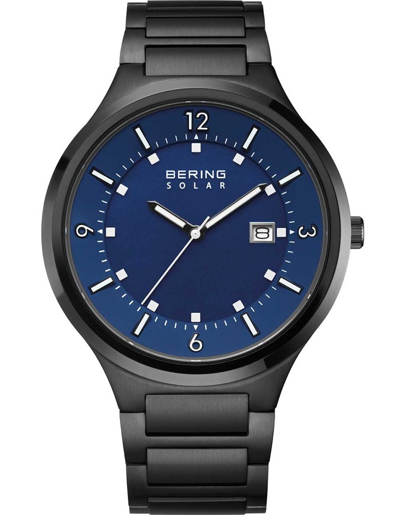 Reloj solar Bering Slim‑Solar 42 mm con esfera azul y cristal de zafiro