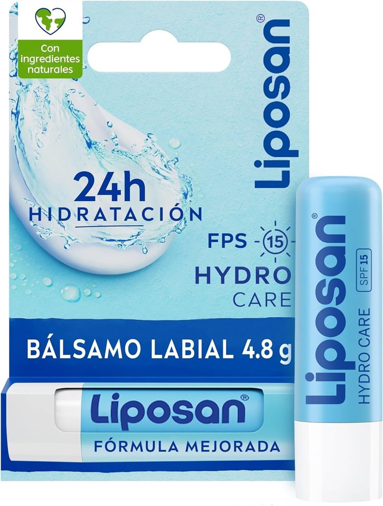 X4. ( La unidad 1,35€)Liposan Hydro Care FPS 15 (1 x 4,8 g), cacao de labios con 24horas de hidratación,bálsam