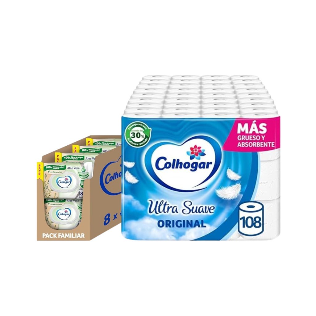 Pack Ultra Suave: 108 rollos de papel + 640 toallitas de aloe