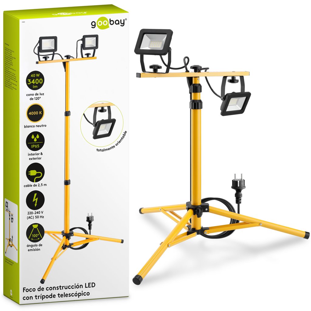 Proyector LED telescópico 3400lm para obra – luz neutra 4000K