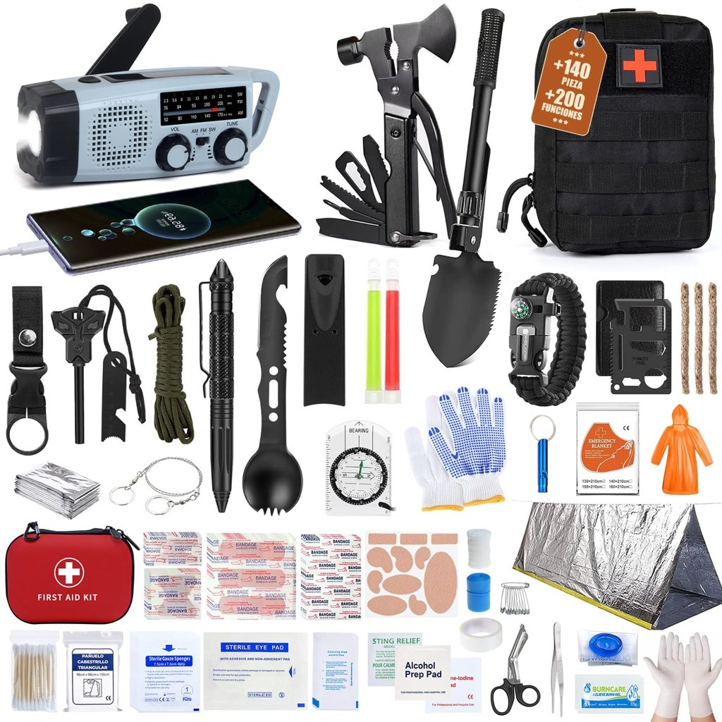 Kit Supervivencia 140 en 1 Equipo Botiquin de Primeros Auxilios Completo, Survival Kit Catastrofe Tener 2000 m
