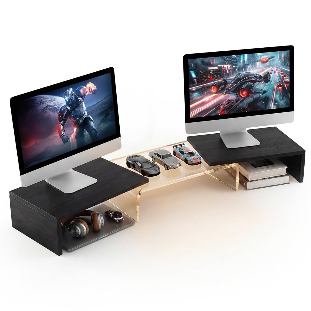 Soporte de doble monitor con puente acrílico: ergonomía y estilo