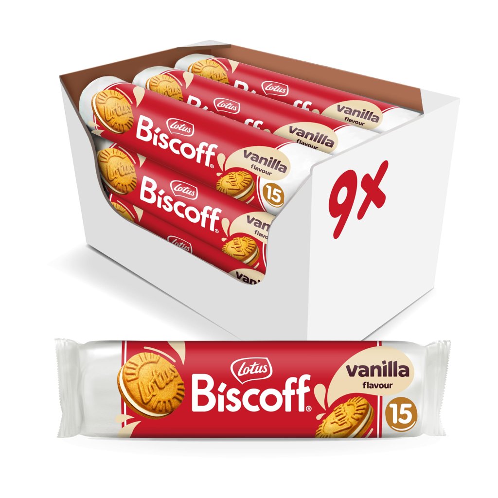 Pack de 9 paquetes de galletas Lotus Biscoff rellenas de vainilla, 1,35 kg