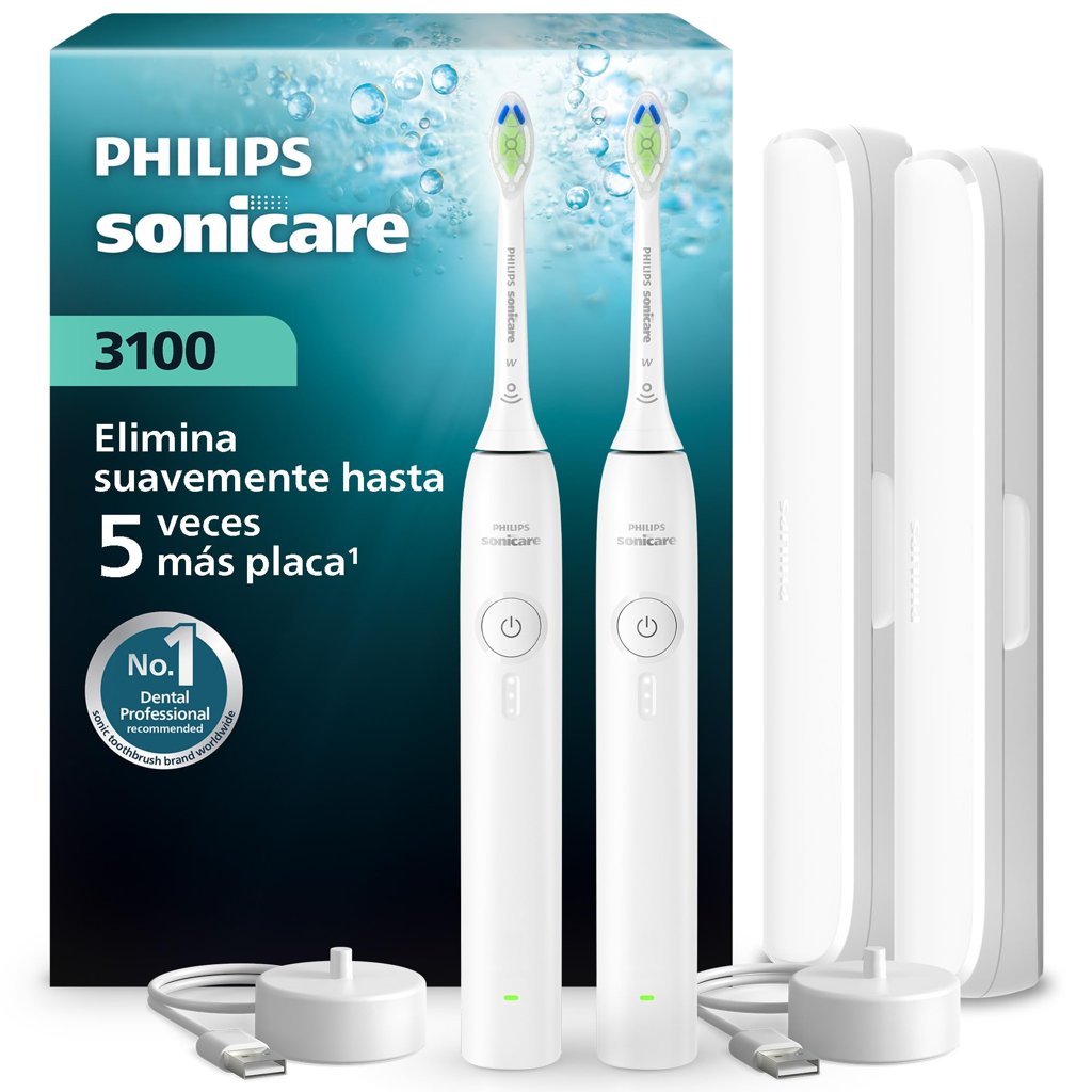 Pack 2 cepillos Philips Sonicare 3100 HX4072/41 | Sensor de presión + 3 intensidades + 2 estuches + 2 cargador
