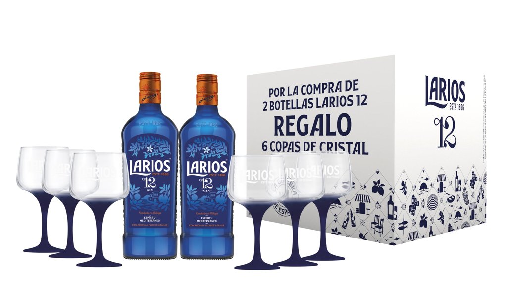 Pack 2 botellas de Ginebra Larios Premium + 6 copas de cristal