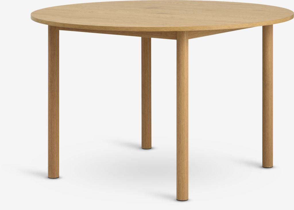 Mesa redonda de comedor estilo roble natural, perfecta para 5 comensales