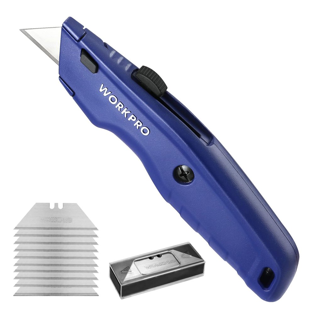 Cúter universal WORKPRO azul con 10 hojas: corta todo sin esfuerzo