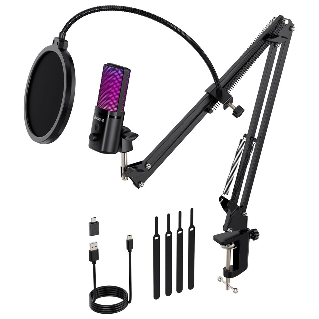 Gaming Microfono para PC USB Typ-A/C, RGB Kit Micrófono de Condensador para PC PS4 PS5, Botón de Silencio,Filt