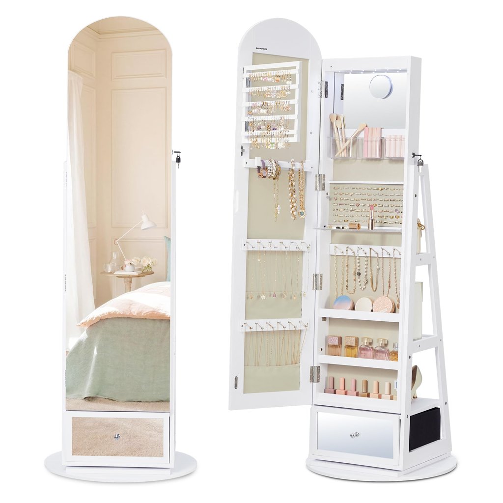 Armario joyero giratorio con LED, espejo y 3 niveles, ¡organiza tus joyas!