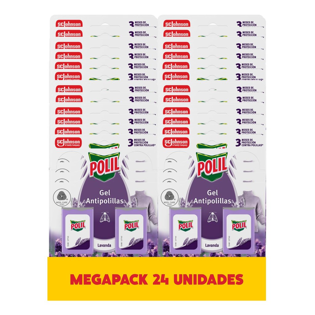 Polil Gel Antipolillas Fragancia Lavanda, perfuma el armario y protege la ropa, dura hasta 3 meses, Pack 24 x 