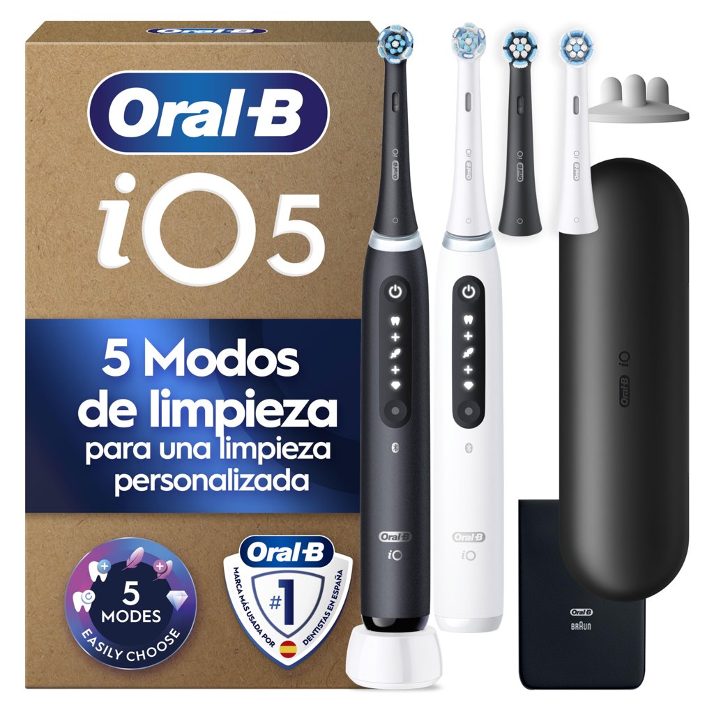 Oral-B iO 5N Pack Doble Cepillos Eléctricos (Negro y Blanco, 4 cabezales, estuche viaje, sensor presión, 5 mod