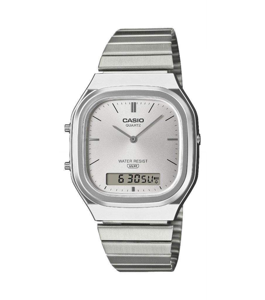 Casio Vintage AQ-240E-7AEF analógico-digital con esfera plateada y brazalete de acero