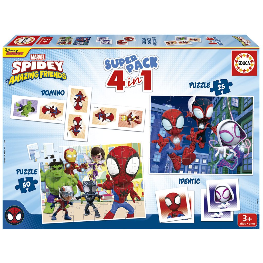 Educa - Superpack Spidey y Sus Increíbles Amigos 4 en 1 | Puzzles, Dominó | 2 Puzzles 25 y 50 Piezas, Dominó 2