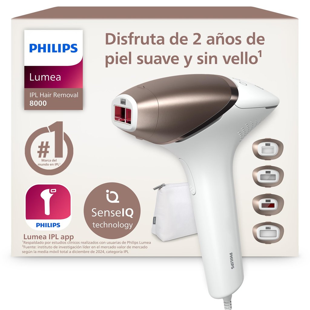 Depiladora IPL Philips Lumea Serie 8000 BRI948/00 (SenseIQ, sensor SmartSkin, 4 cabezales: cuerpo, cara, bikin