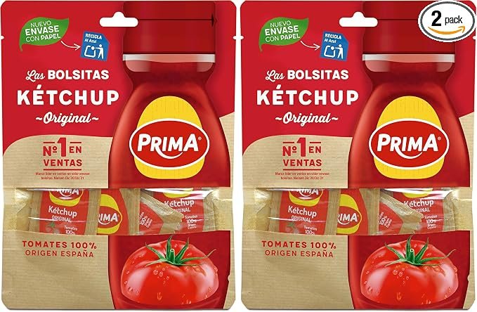 Pack de 2 ketchup monodosis Prima, sabor original y tomates españoles