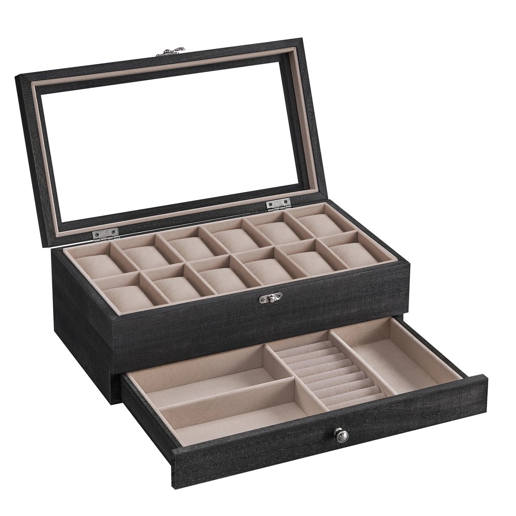 Organizador de relojes con cajón y tapa de cristal