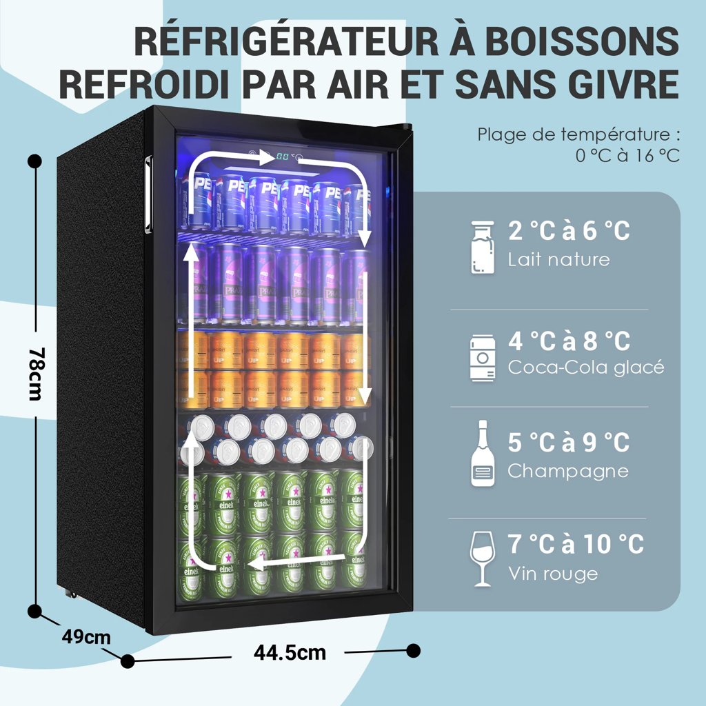 Frigorífico para bebidas 90L: 126 latas, No Frost y puerta de cristal