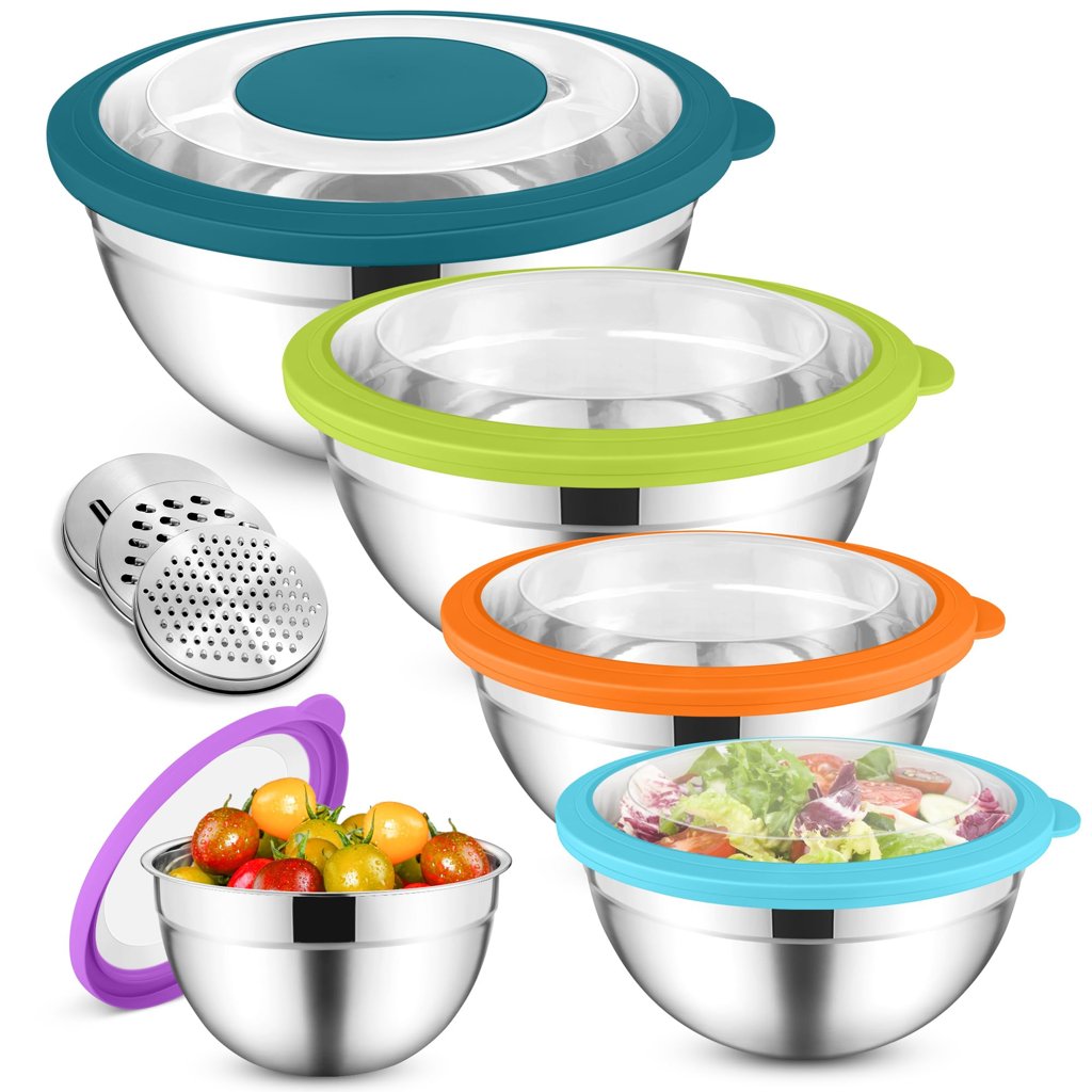 Set de 5 cuencos inox con tapa hermética y 3 ralladores