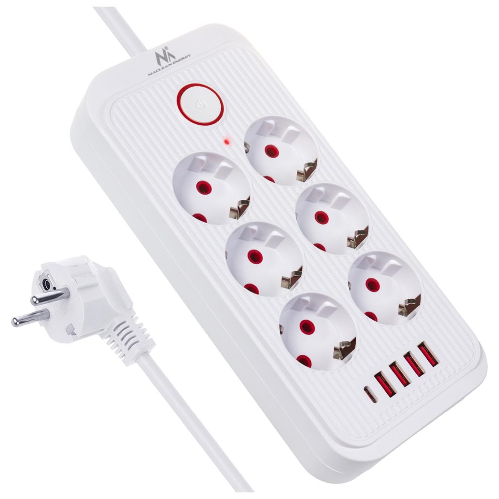 Regleta Maclean de 6 tomas con USB‑C y 4 puertos USB, 2500 W