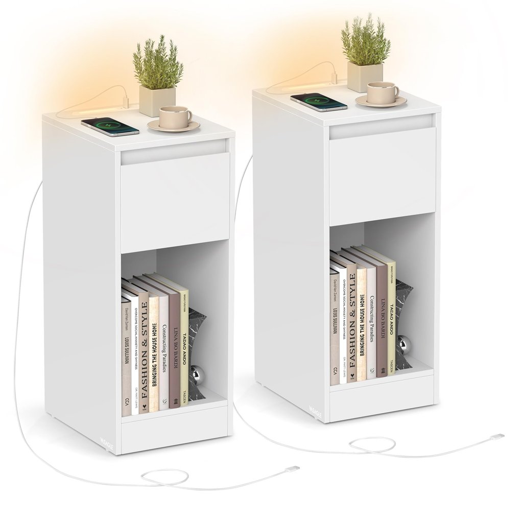 Set de 2 mesitas de noche estrechas con luz LED