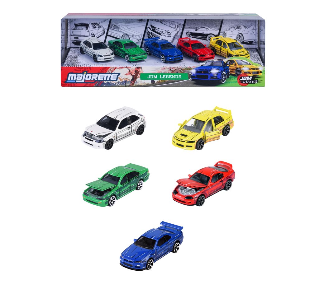 Majorette, JDM Leyends Giftpack 5 Coches, Set de 5 Coches (Honda, Nissan, Toyota, Mitsubishi), Metal, Escala 1