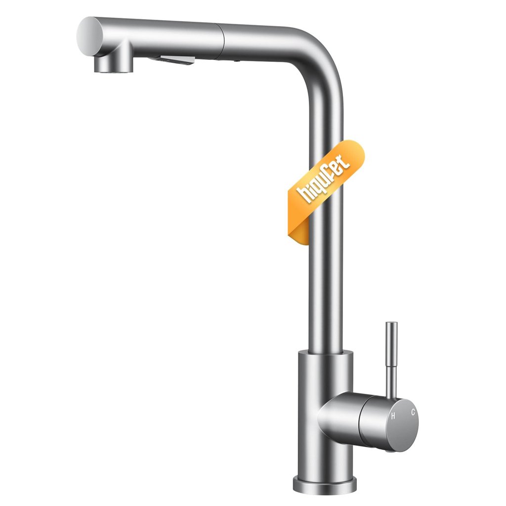 Grifo de cocina con arco alto y rociado giratorio, acabado níquel cepillado
