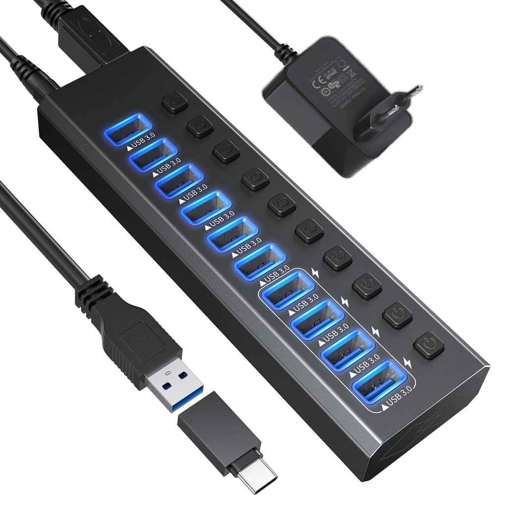Hub USB 3.0 de aluminio con 10 puertos y control individual